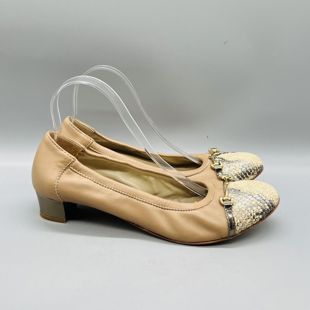AGL Shoes Womens 10.5 Beige Leather Snake Cap Toe Gold Bit Flats Slip On Casual